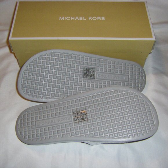 Michael Kors Gilmore Slides Metallic Silver MK Logo Women's Size 10 New In Box - Picture 8 of 15